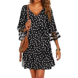 imageEkouaer Womens Swimsuit Cover Up 34 Bell Sleeve Beachwear Coverups Deep VNeck Bikini Beach Dress S3XLWhite Dots