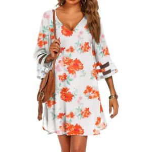 imageEkouaer Womens Swimsuit Cover Up 34 Bell Sleeve Beachwear Coverups Deep VNeck Bikini Beach Dress S3XLWhite Floral Print