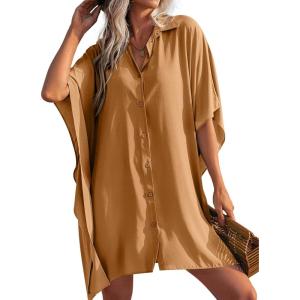imageEkouaer Womens Swimsuit Cover Up 34 Sleeve Beachwear Bikini Coverups Button Down Oversized Cover Up Shirt S3XLCamel