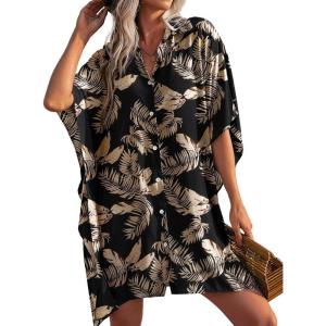 imageEkouaer Womens Swimsuit Cover Up 34 Sleeve Beachwear Bikini Coverups Button Down Oversized Cover Up Shirt S3XLPat4leaf