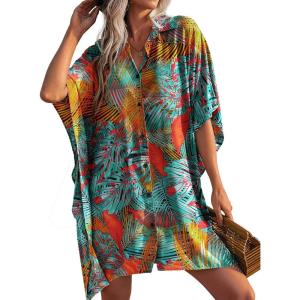 imageEkouaer Womens Swimsuit Cover Up 34 Sleeve Beachwear Bikini Coverups Button Down Oversized Cover Up Shirt S3XLPat5leaf