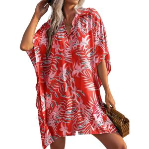imageEkouaer Womens Swimsuit Cover Up 34 Sleeve Beachwear Bikini Coverups Button Down Oversized Cover Up Shirt S3XLPat7leaf