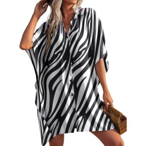 imageEkouaer Womens Swimsuit Cover Up 34 Sleeve Beachwear Bikini Coverups Button Down Oversized Cover Up Shirt S3XLPat8stripes