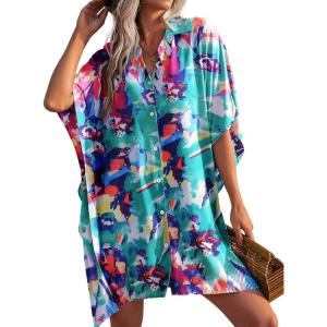 imageEkouaer Womens Swimsuit Cover Up 34 Sleeve Beachwear Bikini Coverups Button Down Oversized Cover Up Shirt S3XLPat9floral