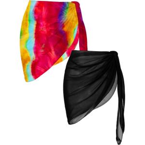imageEkouaer 2 Pcs Sarong Coverups for Women Beach Wrap Skirt Chiffon Swimsuit Coverup for Swimwear SXXLBlackRed Orange Tiedye