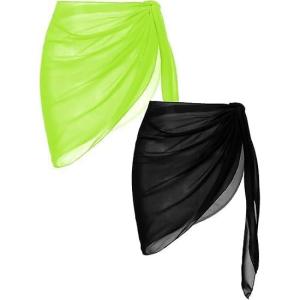 imageEkouaer 2 Pcs Sarong Coverups for Women Beach Wrap Skirt Chiffon Swimsuit Coverup for Swimwear SXXLFluorescent GreenBlack