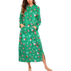 imageEkouaer Sleepwear Women Long Sleeve Hooded Nightgown Contrast Color Full Length Loungewear with Pocket S4XLGreen Christmas Pattern