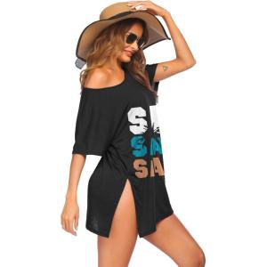 imageEkouaer Womens Swimsuit Beach Cover Up Short Sleeve Cover Ups for Swimwear Bathing Suit Coverups SXXXLBlack Tropical  Letter