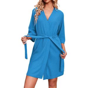 imageEkouaer Robes for Women Waffle Knit Bathrobe Soft Lightweight Knee Length Loungewear SXXLBlue