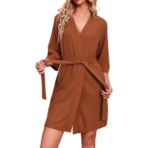 imageEkouaer Robes for Women Waffle Knit Bathrobe Soft Lightweight Knee Length Loungewear SXXLCaramel Colour