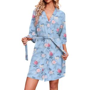 imageEkouaer Robes for Women Waffle Knit Bathrobe Soft Lightweight Knee Length Loungewear SXXLFloral Blue