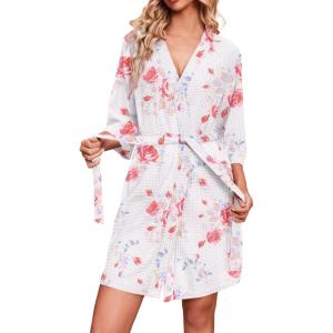 imageEkouaer Robes for Women Waffle Knit Bathrobe Soft Lightweight Knee Length Loungewear SXXLFloral White Red