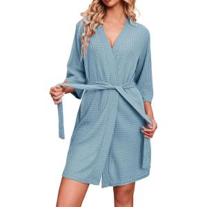 imageEkouaer Robes for Women Waffle Knit Bathrobe Soft Lightweight Knee Length Loungewear SXXLLight Blue