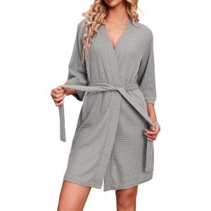 imageEkouaer Robes for Women Waffle Knit Bathrobe Soft Lightweight Knee Length Loungewear SXXLLight Grey