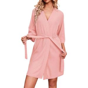imageEkouaer Robes for Women Waffle Knit Bathrobe Soft Lightweight Knee Length Loungewear SXXLLight Pink