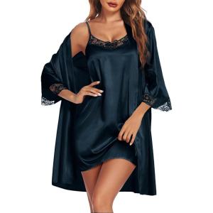 imageEkouaer Sleepwear Womens Satin Nightgown with Robes Set 2 Piece Sexy Lace Cami NightwearDeep Blue