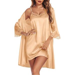 imageEkouaer Sleepwear Womens Satin Nightgown with Robes Set 2 Piece Sexy Lace Cami NightwearFlesh Color