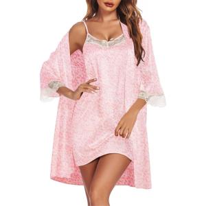imageEkouaer Sleepwear Womens Satin Nightgown with Robes Set 2 Piece Sexy Lace Cami NightwearLeopard Pink