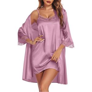 imageEkouaer Sleepwear Womens Satin Nightgown with Robes Set 2 Piece Sexy Lace Cami NightwearPlum