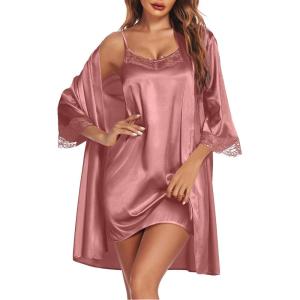 imageEkouaer Sleepwear Womens Satin Nightgown with Robes Set 2 Piece Sexy Lace Cami NightwearPurplish Red