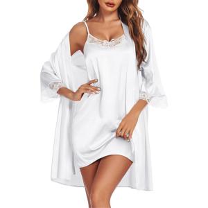 imageEkouaer Sleepwear Womens Satin Nightgown with Robes Set 2 Piece Sexy Lace Cami NightwearWhite