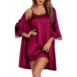 imageEkouaer Sleepwear Womens Satin Nightgown with Robes Set 2 Piece Sexy Lace Cami NightwearWine Red
