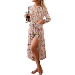 imageEkouaer Women Kimono Robes Full Length Knit Bathrobe Lightweight Soft Sleepwear Vneck Casual Ladies Loungewear SXXLFloral Beige