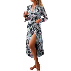 imageEkouaer Women Kimono Robes Full Length Knit Bathrobe Lightweight Soft Sleepwear Vneck Casual Ladies Loungewear SXXLFloral Black Leaves
