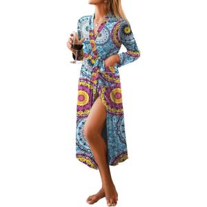 imageEkouaer Women Kimono Robes Full Length Knit Bathrobe Lightweight Soft Sleepwear Vneck Casual Ladies Loungewear SXXLFloral Mandala Blue