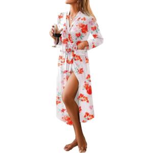 imageEkouaer Women Kimono Robes Full Length Knit Bathrobe Lightweight Soft Sleepwear Vneck Casual Ladies Loungewear SXXLFloral White