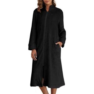 imageEkouaer Womens Zip Up Robe Fleece Bathrobe Long Zipper Lounger Warm Housecoat Long Sleeve Nightgown with Pockets SXXLBlack