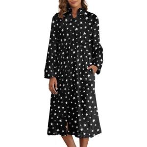 imageEkouaer Womens Zip Up Robe Fleece Bathrobe Long Zipper Lounger Warm Housecoat Long Sleeve Nightgown with Pockets SXXLBlack Stars