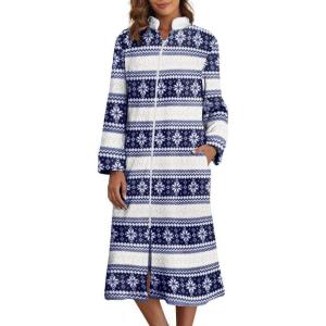 imageEkouaer Womens Zip Up Robe Fleece Bathrobe Long Zipper Lounger Warm Housecoat Long Sleeve Nightgown with Pockets SXXLBlue Snowflake