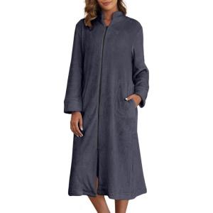 imageEkouaer Womens Zip Up Robe Fleece Bathrobe Long Zipper Lounger Warm Housecoat Long Sleeve Nightgown with Pockets SXXLDeep Grey