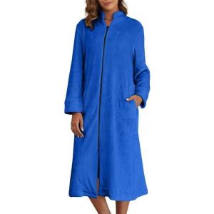 imageEkouaer Womens Zip Up Robe Fleece Bathrobe Long Zipper Lounger Warm Housecoat Long Sleeve Nightgown with Pockets SXXLDeep Sky Blue