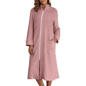 imageEkouaer Womens Zip Up Robe Fleece Bathrobe Long Zipper Lounger Warm Housecoat Long Sleeve Nightgown with Pockets SXXLGray Pink