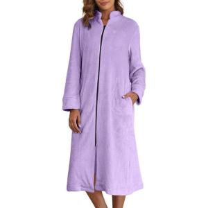 imageEkouaer Womens Zip Up Robe Fleece Bathrobe Long Zipper Lounger Warm Housecoat Long Sleeve Nightgown with Pockets SXXLLavender