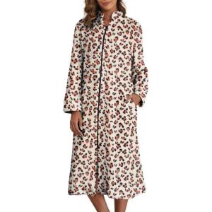 imageEkouaer Womens Zip Up Robe Fleece Bathrobe Long Zipper Lounger Warm Housecoat Long Sleeve Nightgown with Pockets SXXLLeopard