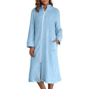 imageEkouaer Womens Zip Up Robe Fleece Bathrobe Long Zipper Lounger Warm Housecoat Long Sleeve Nightgown with Pockets SXXLLight Blue