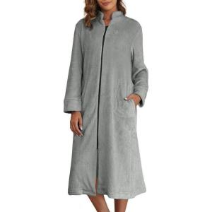 imageEkouaer Womens Zip Up Robe Fleece Bathrobe Long Zipper Lounger Warm Housecoat Long Sleeve Nightgown with Pockets SXXLLight Grey