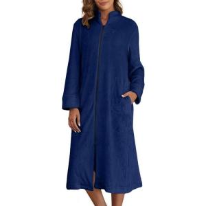 imageEkouaer Womens Zip Up Robe Fleece Bathrobe Long Zipper Lounger Warm Housecoat Long Sleeve Nightgown with Pockets SXXLNavy