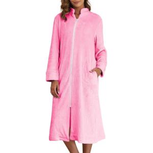 imageEkouaer Womens Zip Up Robe Fleece Bathrobe Long Zipper Lounger Warm Housecoat Long Sleeve Nightgown with Pockets SXXLPink