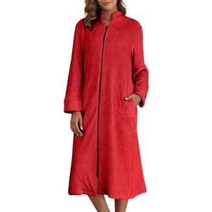 imageEkouaer Womens Zip Up Robe Fleece Bathrobe Long Zipper Lounger Warm Housecoat Long Sleeve Nightgown with Pockets SXXLRed