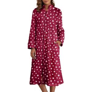 imageEkouaer Womens Zip Up Robe Fleece Bathrobe Long Zipper Lounger Warm Housecoat Long Sleeve Nightgown with Pockets SXXLRed Stars