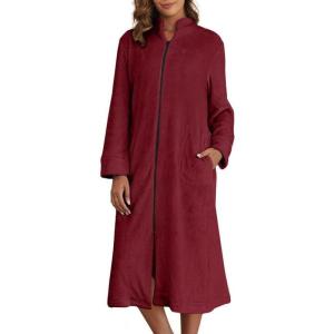 imageEkouaer Womens Zip Up Robe Fleece Bathrobe Long Zipper Lounger Warm Housecoat Long Sleeve Nightgown with Pockets SXXLWine Red
