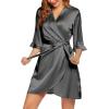 imageEkouaer Womens Satin Robe Valentines Lingerie for Women Kimono Bathrobe Short Ruffle Belted Robes Bridesmaids SleepwearDeep Grey