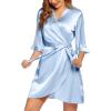 imageEkouaer Womens Satin Robe Valentines Lingerie for Women Kimono Bathrobe Short Ruffle Belted Robes Bridesmaids SleepwearLight Blue