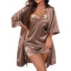 imageEkouaer Womens Satin Robe Set Nightgown with Robes Silk Pajama Set 2 Pieces Lingerie Cowl Neck Cami Sleepwear SetsCoffee