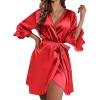 imageEkouaer Womens Satin Robe Valentines Lingerie for Women Kimono Bathrobe Short Ruffle Belted Robes Bridesmaids SleepwearRed