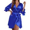 imageEkouaer Womens Satin Robe Valentines Lingerie for Women Kimono Bathrobe Short Ruffle Belted Robes Bridesmaids SleepwearRoyal Blue